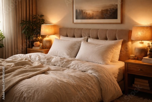 Cozy double bed with fluffy...