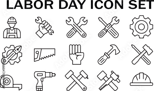 Set of modern construction and labor icons featuring essential maintenance tools and work equipment flat designs