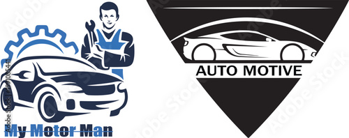 Set of professional automotive repair service logos featuring a mechanic and modern car design elements