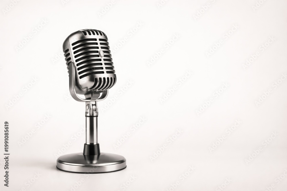Fototapeta premium Retro style microphone isolated on a blank background with ample copy space