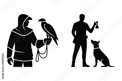 Falconry and dog training icons with falconry training conservation outdoors