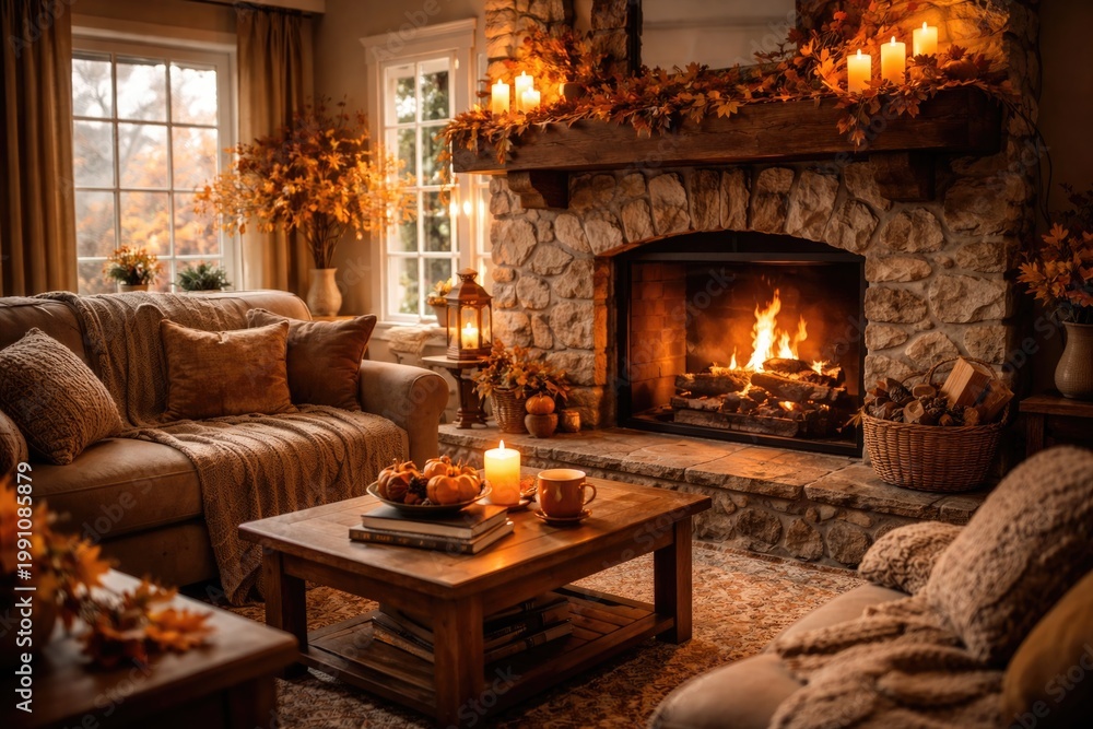 Fototapeta premium Warm autumn ambiance in a living room with a glowing fireplace