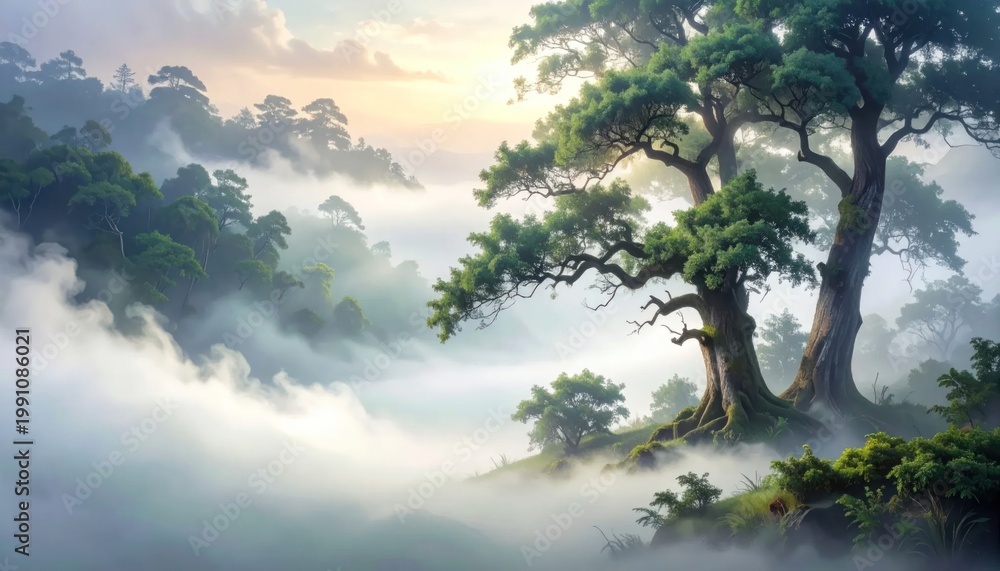 Fototapeta premium Misty Mountain Forest Canopy with Ancient Trees.
