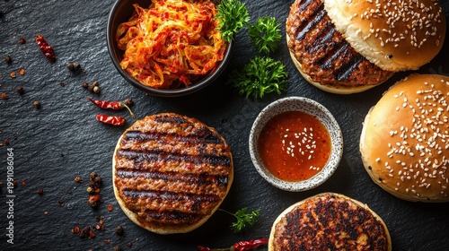 Premium grilled kimchi burger patties with Korean fermented vegetables and sesame seed buns on dark slate background for restaurant menu design