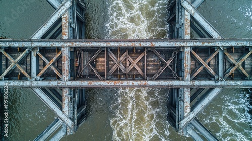Bridge structural angles vintage steel truss aerial view weathered metal framework geometric patterns over flowing river American engineering heritage industrial