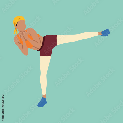 A powerful illustration of a female martial artist executing a high kick, symbolizing strength, discipline, and confidence in martial arts or combat sports with a clean design.