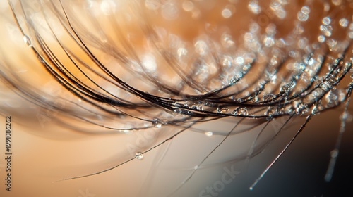 Lash strand detail closeup eyelash strands water beads natural curl patterns intricate fiber texture warm tones professional macro photography