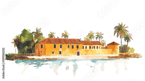 Goree Island. Goree Island hand drawn watercolor illustration on white background