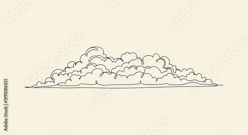 Minimalist Single Line Art Illustration of Fluffy Cumulus Clouds on a Neutral Background Design