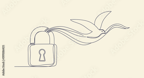 Continuous line drawing of a bird flying out of an open padlock symbol of freedom and liberation