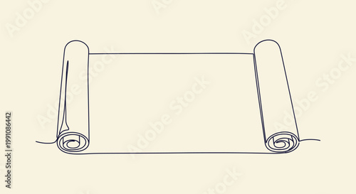 Continuous line drawing of an open ancient scroll paper on cream background for minimalist design