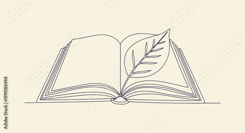 Continuous line drawing of an open book with a leaf symbolizing nature knowledge and education