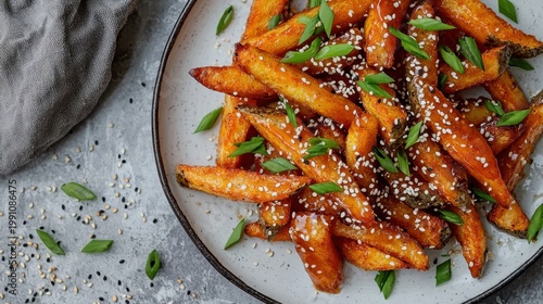 Miso fries premium golden brown sweet potato wedges with savory glaze sesame seeds green onions garnish restaurant style asian fusion cuisine appetizer