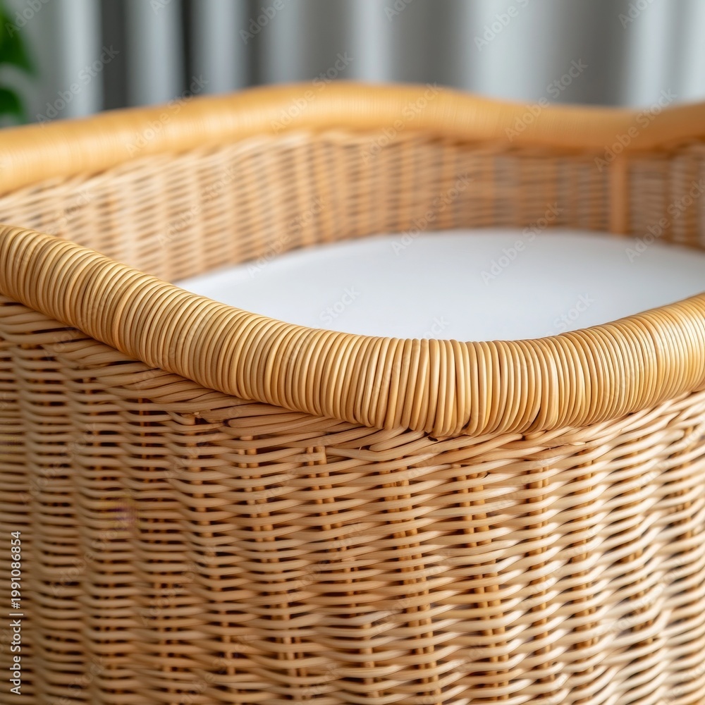 Obraz premium Textured close-up of a woven rattan bassinet, showcasing natural craftsmanship, soft white mattress and cozy nursery appeal., Wicker, Baby