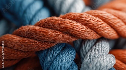 Close-up of interlaced orange and blue ropes forming symmetrical pattern texture background.