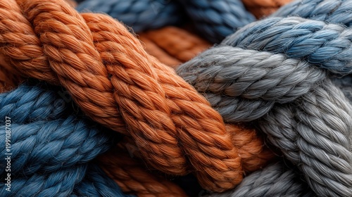 Close-up of interlaced orange and blue ropes forming symmetrical pattern texture background.