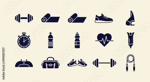 Modern Flat Vector Icons of Gym Equipment for Fitness Training, Bodybuilding, and Active Lifestyle.
