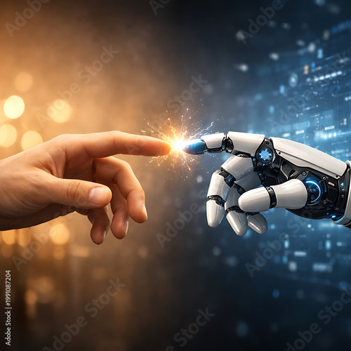Human hand and robotic hand touching with spark representing technology and connection