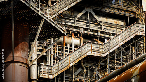 Photography Close up of industrial steel structure with stairs pipes and platforms, heavy in