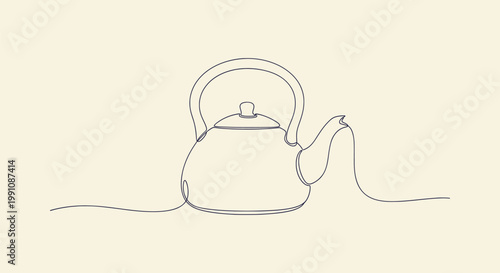Minimalist continuous one line art drawing of a classic stovetop kettle for kitchen decor design.