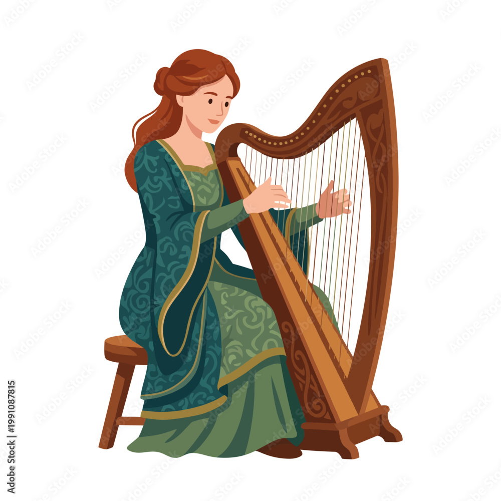 Obraz premium A graceful woman playing the harp while dressed in an elegant green costume, capturing the essence of music artistry and historical culture in a timeless setting.