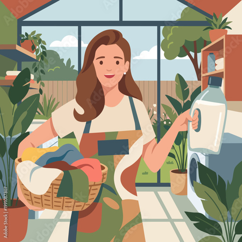A cheerful woman multitasking with laundry in a bright, airy environment, showcasing domestic life balanced with practicality and the joy of homemaking amidst vibrant plants.