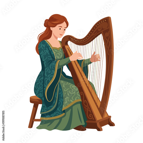 A graceful woman playing the harp while dressed in an elegant green costume, capturing the essence of music artistry and historical culture in a timeless setting.