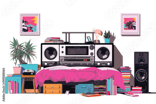 90s Teen Room with Posters and a Boombox isolated