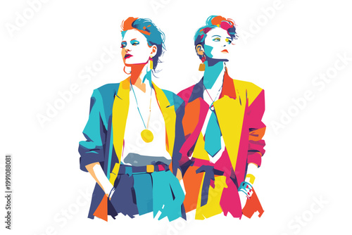 1980s Inspired Fashion Shoot with Neon and Silver isolated