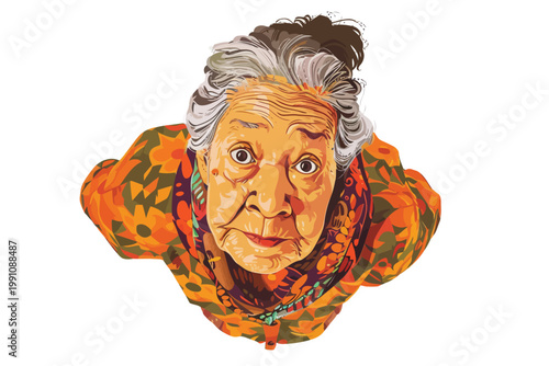A directly above of old woman looking at camera isolated