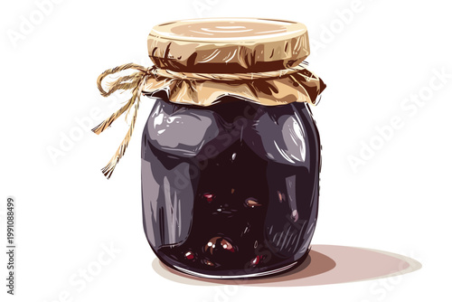A glass jar filled with vibrant dark date jam isolated