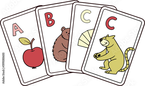 Educational alphabet flashcards for children showing letters a b and c with illustrations