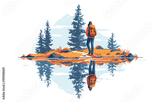 Adventurer Exploring Nature Trail to Remote Lake isolated