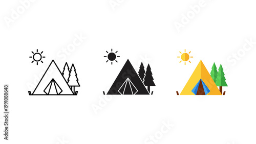 A cozy camping tent stands amidst pine trees under a shining sun, showcased in three versatile icon styles.