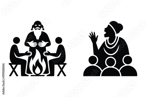 Silhouettes of people gathering around a campfire and a speaker addressing