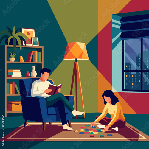 Individuals are engaged in a delightful activity, piecing together a colorful jigsaw puzzle in a cozy room, highlighting friendship and leisurely interaction.