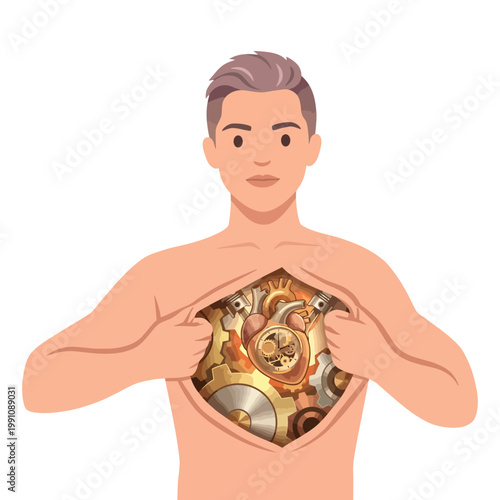A creative depiction of a young man revealing mechanical gears inside his chest, symbolizing the blend of human emotions with technology and the intricacies of life.