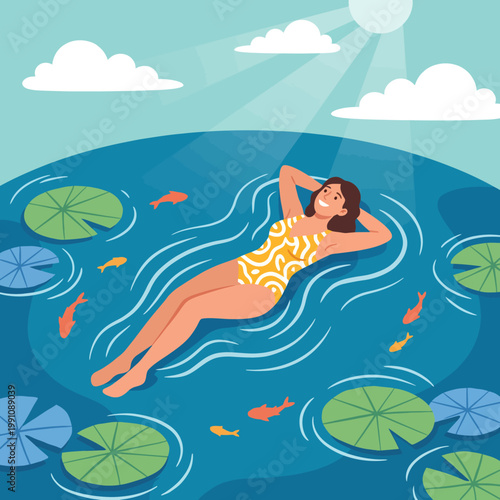 A serene scene of a woman floating peacefully in a colorful water lily pond, embodying tranquility and connection with nature amidst a warm sunny day.