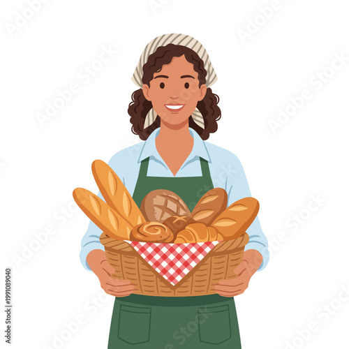 A cheerful woman holds a beautifully arranged basket full of assorted breads and pastries, showcasing the art of baking and the joy of artisanal bread-making.