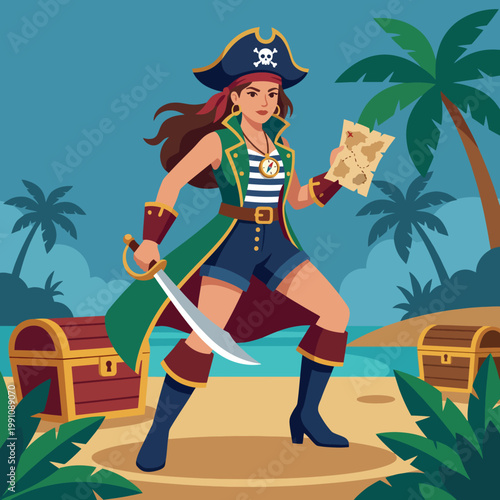 A lively pirate stands confidently on a beach, holding a treasure map, embodying themes of exploration, adventure, and the timeless allure of treasure hunting on the high seas.