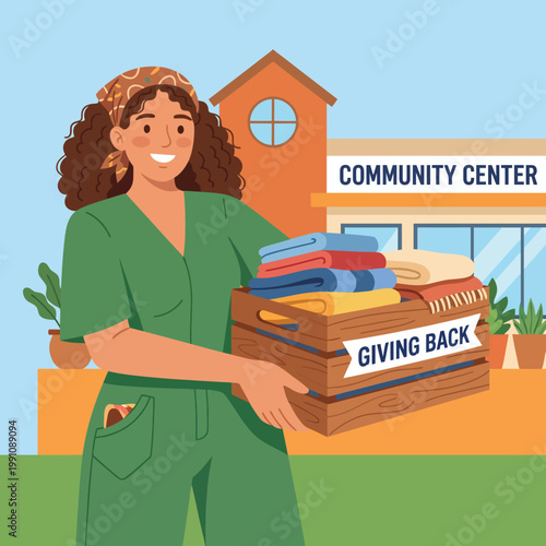 This image shows a cheerful woman carrying a box of donated supplies towards a community center, emphasizing the importance of charitable acts and community support.