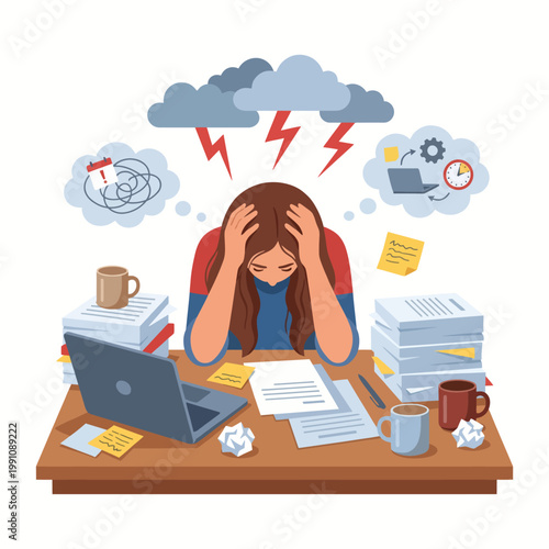 A stressed woman sits at a cluttered desk, overwhelmed by paperwork, coffee cups, and time constraints, portraying the struggle of work-life balance in a demanding environment.