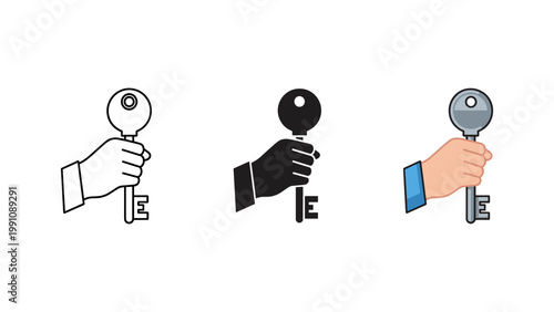 A hand firmly grasps an old-fashioned key, symbolizing access and solution, presented in three compelling icon styles.