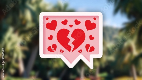 Pink speech bubble with broken heart and scattered red hearts