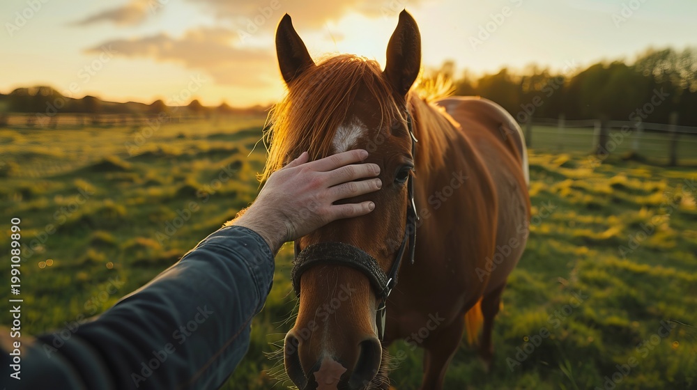 Obraz premium Close up of a person petting a brown horse in a lush green field during a beautiful sunset