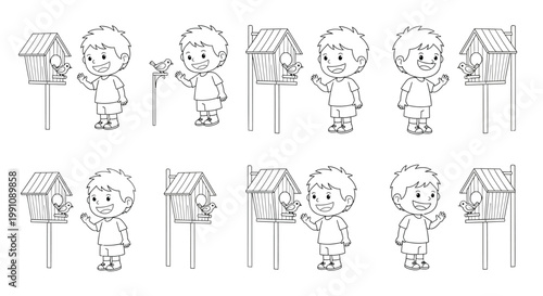 Line art illustration of children with birdhouses and tiny birds repeated pattern