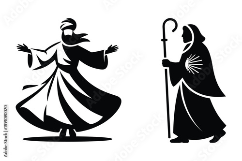 Religious figures a whirling dervish and a shepherd with staff religious figur
