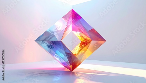 Vibrant geometric crystal structure exhibiting light refraction and spectrum, abstract representation of quantum superposition.