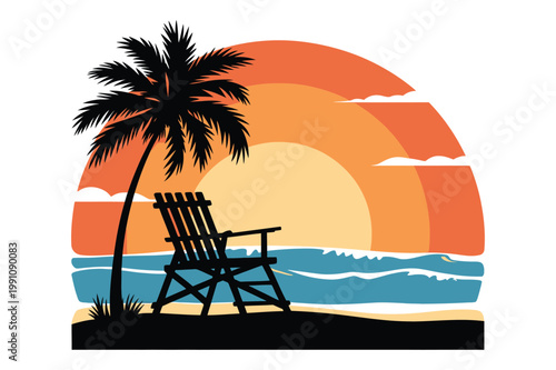 Tropical beach scene with palm tree deck chair and sunset tropical vacation