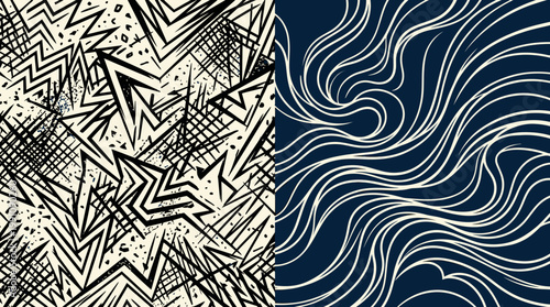 A vector graphic illustration of abstract patterns and designs in black, white, and blue colors.
